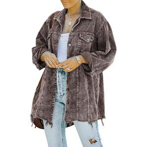 Womens Brown Oversized Corduroy Shirt Jacket Casual Button Down Retro